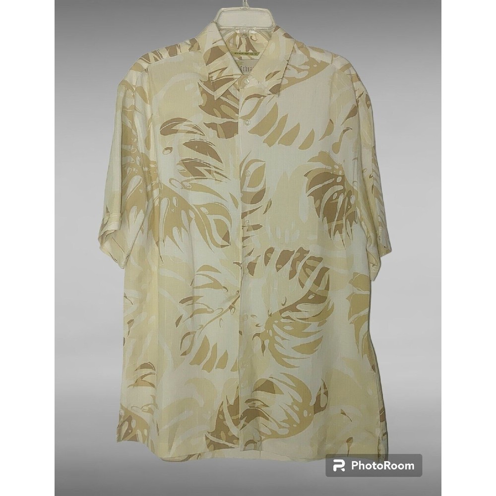 Cubavera Mens Short Sleeve Aloha Shirt Size Large Heritage Linen Blend Cream Tan